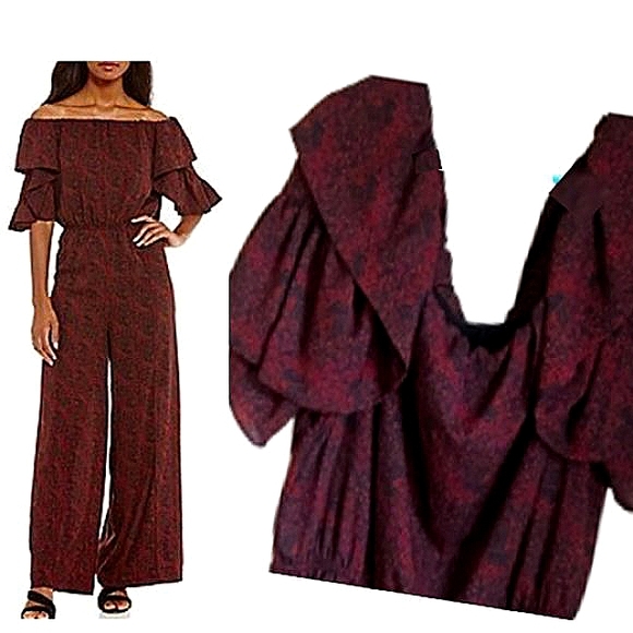 Gibson Latimer Burgundy Off Shoulder Jumpsuit Puff Butterfly Party Holiday Glam - Picture 1 of 16